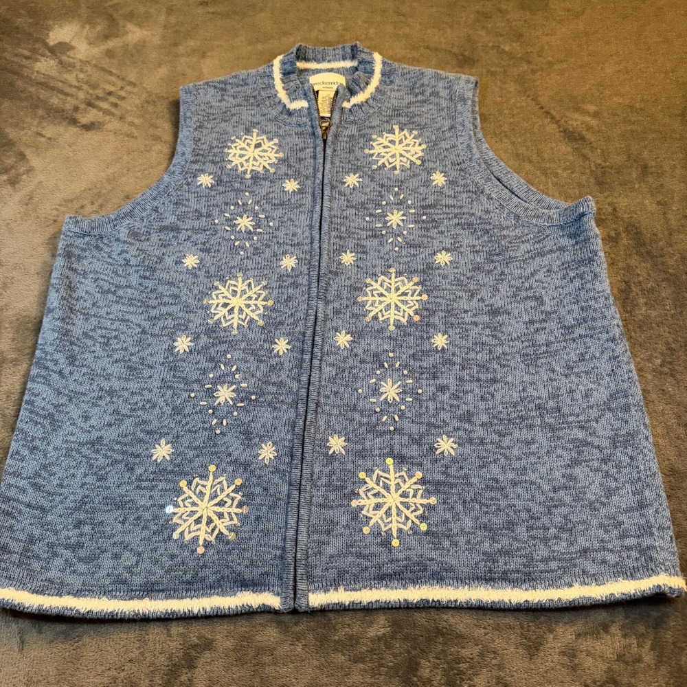 Breckenridge Blue Snowflake Zip Up‎ Sweater Vest Womens Plus Size 1X Sequin Bead